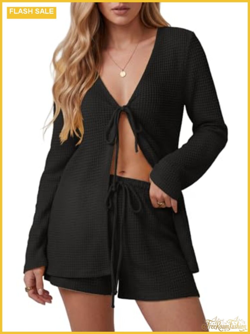Women's 2 Piece Waffle Knit Lounge Set Tie Front Top & Shorts Beach Cover Up
